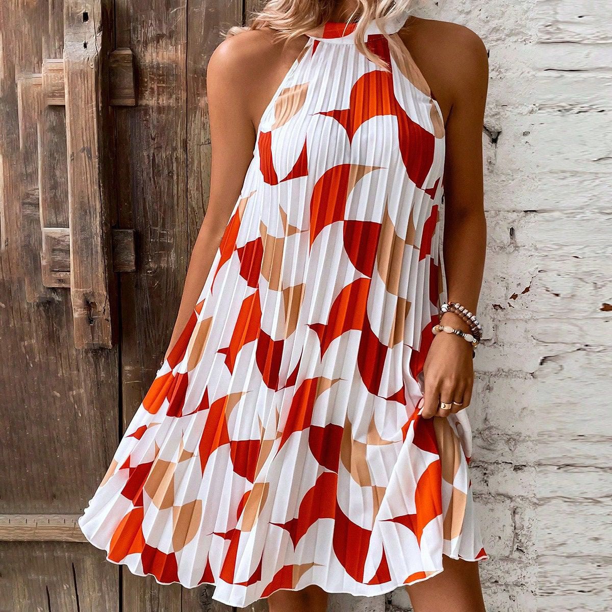 Fashion Printed Pleated Mini Dress - Dutch