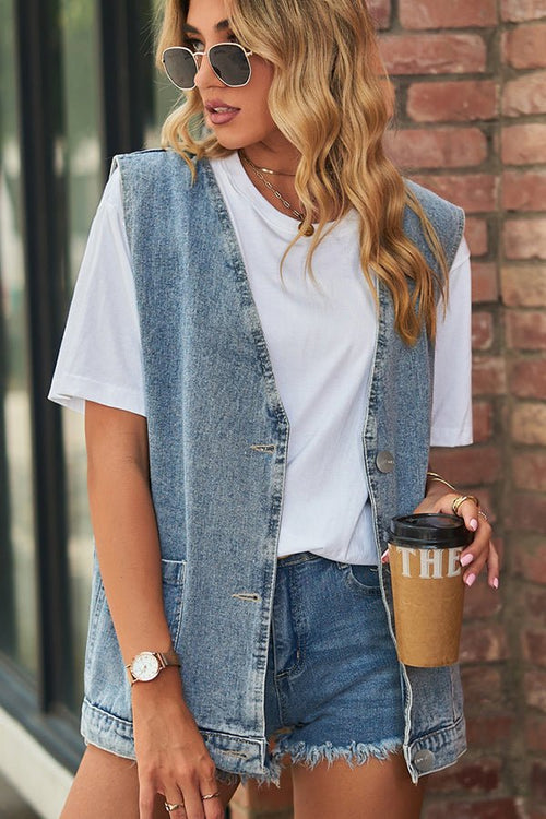 Fashion Sleeveless Open Front Denim Vest - Dutch