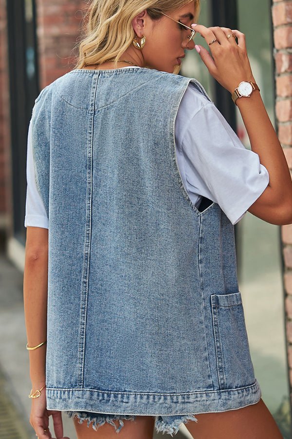 Fashion Sleeveless Open Front Denim Vest - Dutch