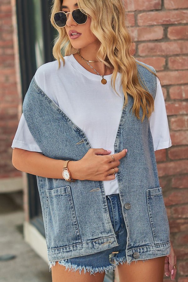 Fashion Sleeveless Open Front Denim Vest - Dutch