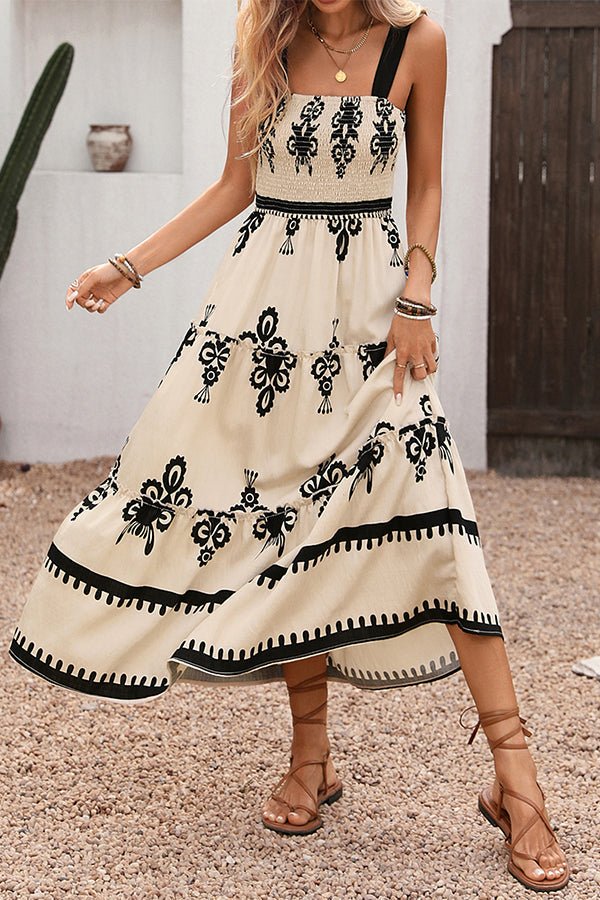 Fashion Smocked Floral Print Maxi Dress - Dutch