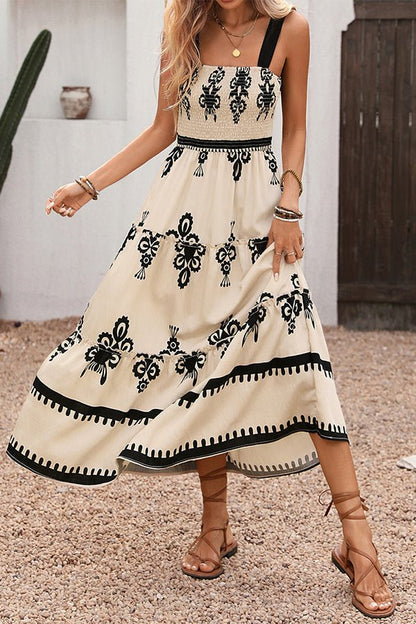 Fashion Smocked Floral Print Maxi Dress - Dutch