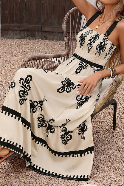 Fashion Smocked Floral Print Maxi Dress - Dutch