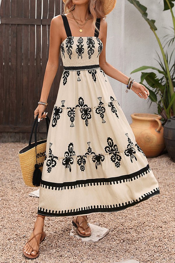 Fashion Smocked Floral Print Maxi Dress - Dutch