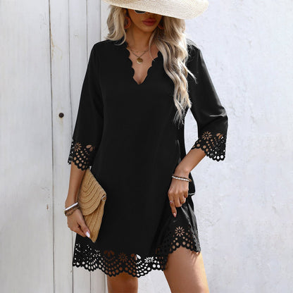 Fashion Solid Color Hollow Casual Dress - Dutch