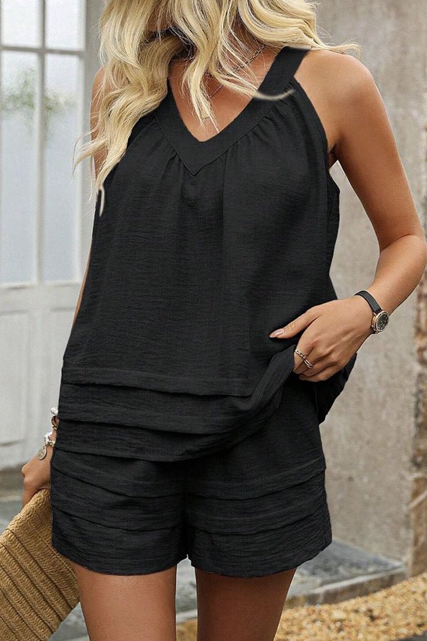 Fashion Solid V Neck Sleeveless Two Piece Set - Dutch