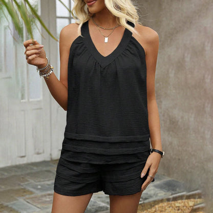 Fashion Solid V Neck Sleeveless Two Piece Set - Dutch