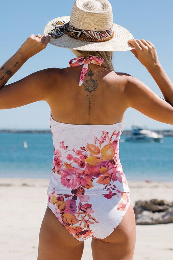 Ruffle V Neck Floral Print Cute Tankini Set - Dutch