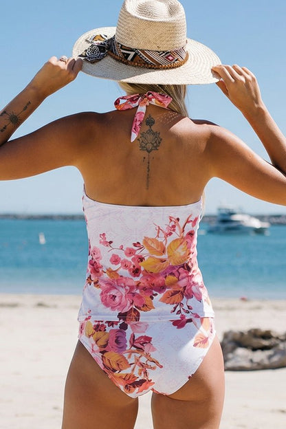 Ruffle V Neck Floral Print Cute Tankini Set - Dutch