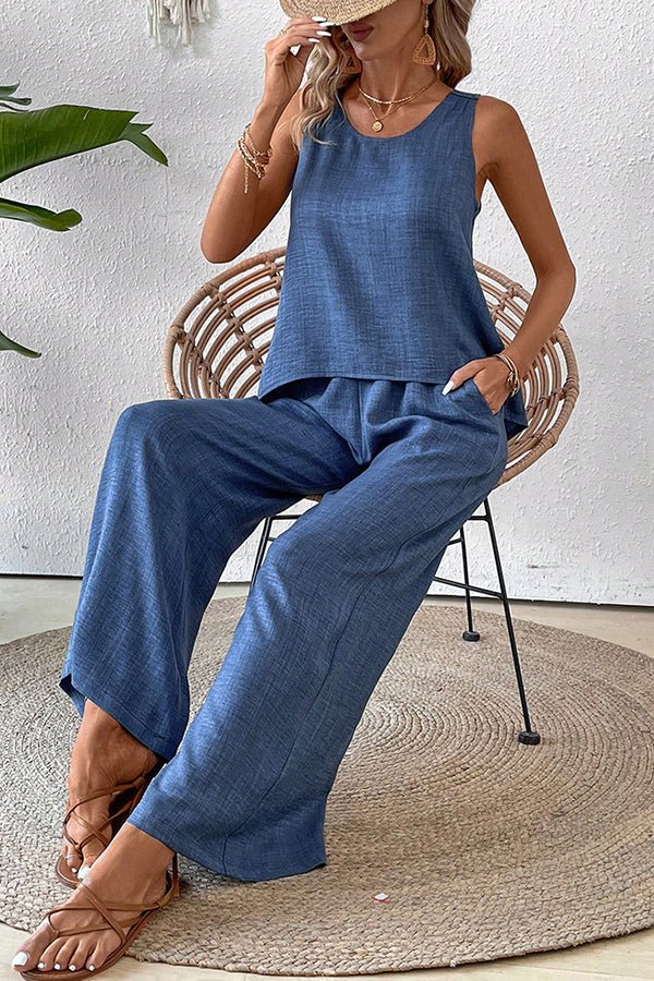 Solid Color Hollow Back Casual Two Piece Set - Dutch