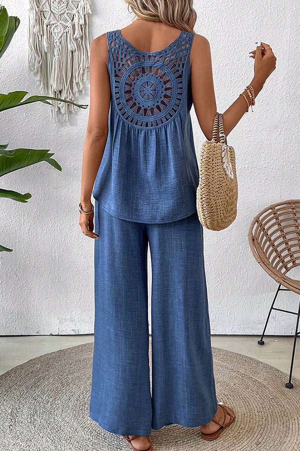 Solid Color Hollow Back Casual Two Piece Set - Dutch