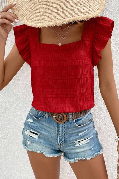 Solid Color Ruffle Sleeve Square Neck Casual Tops - Dutch