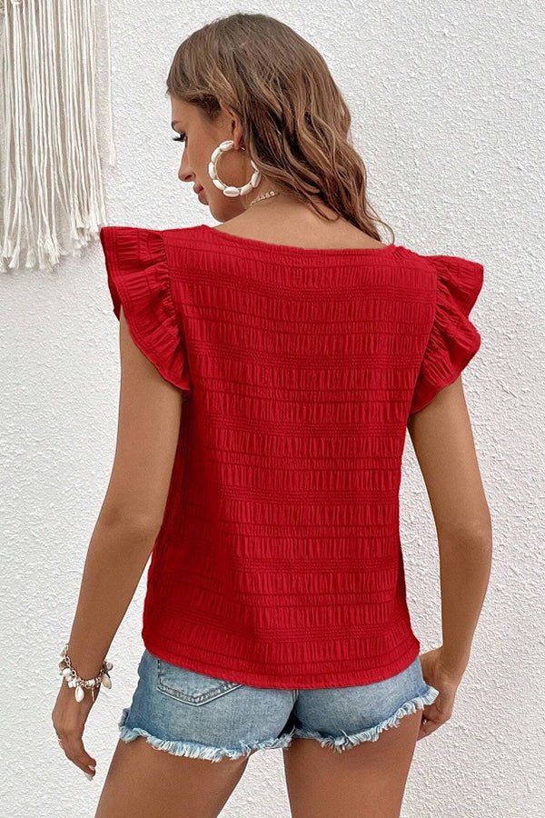 Solid Color Ruffle Sleeve Square Neck Casual Tops - Dutch