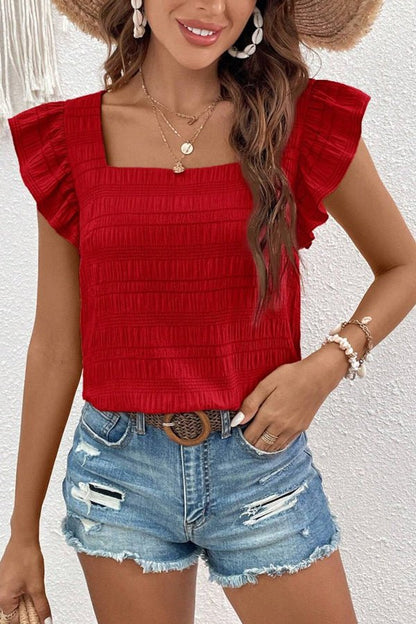 Solid Color Ruffle Sleeve Square Neck Casual Tops - Dutch