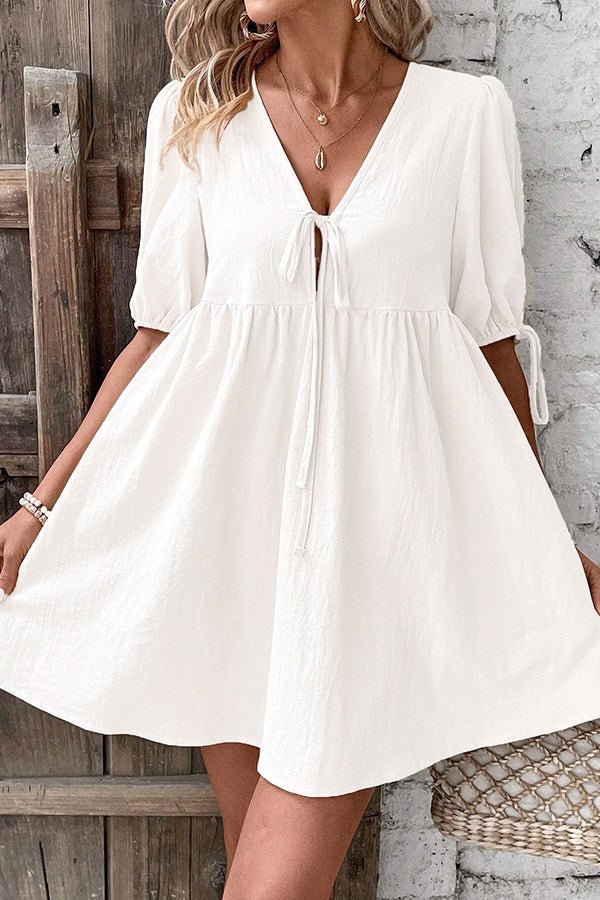 Solid Color Tie Front Casual Mini Dress - Dutch